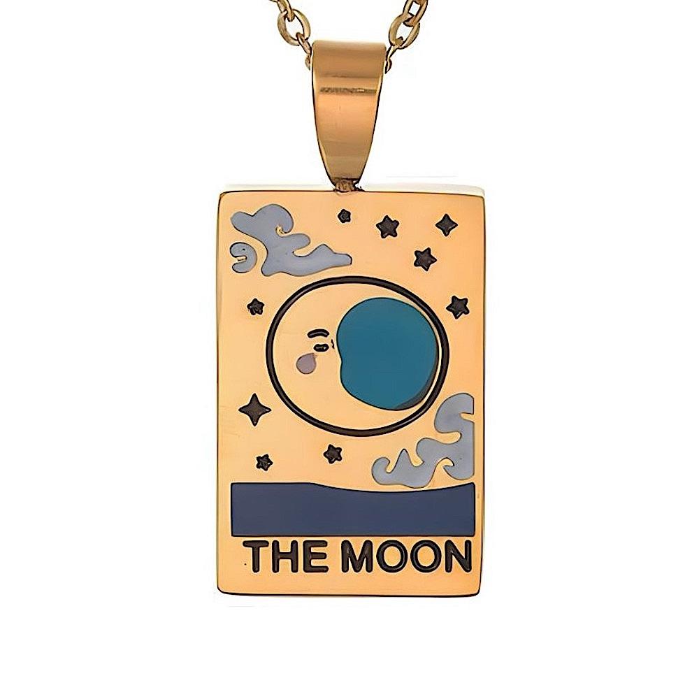 Engraved ‘The Moon’ Enamel Tarot Card Necklace | 316L Stainless Steel Pendant